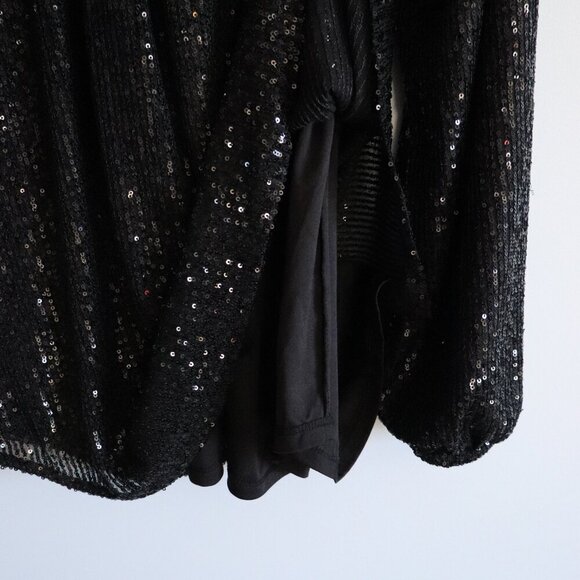 Guess Women's Sz Lrg Black Sequin V-Neck Collared Buttoned Stretch Mini Dress - Picture 11 of 16